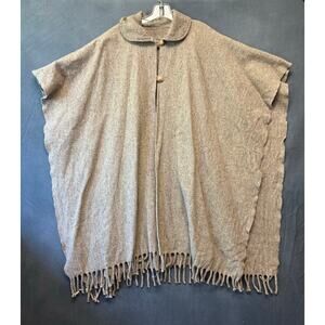 Vintage 1960s Wool Poncho Cape Coat Fringe Hem Tan Brown One Size Boho Western